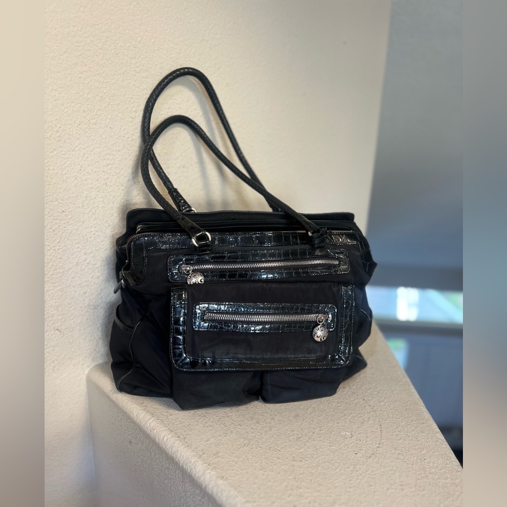 BRIGHTON *MAXWELL‎ SMART TECH BREIFCASE HANDBAG CROSSBODY LEATHER NYLON FLAWED